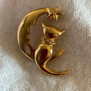 gold tone with rhinestones cat and moon brooch